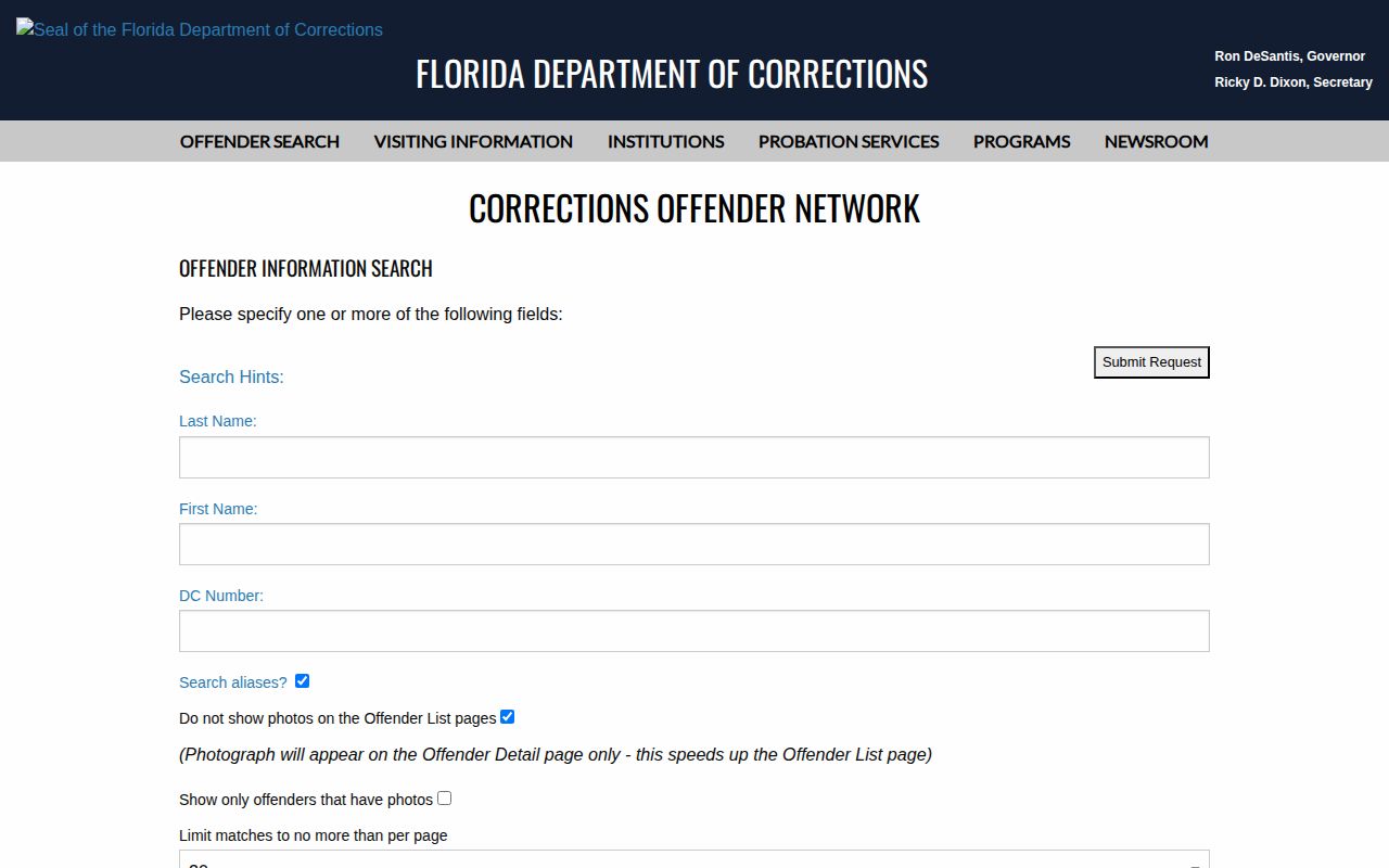 Pasco County released inmate FDC offender search options