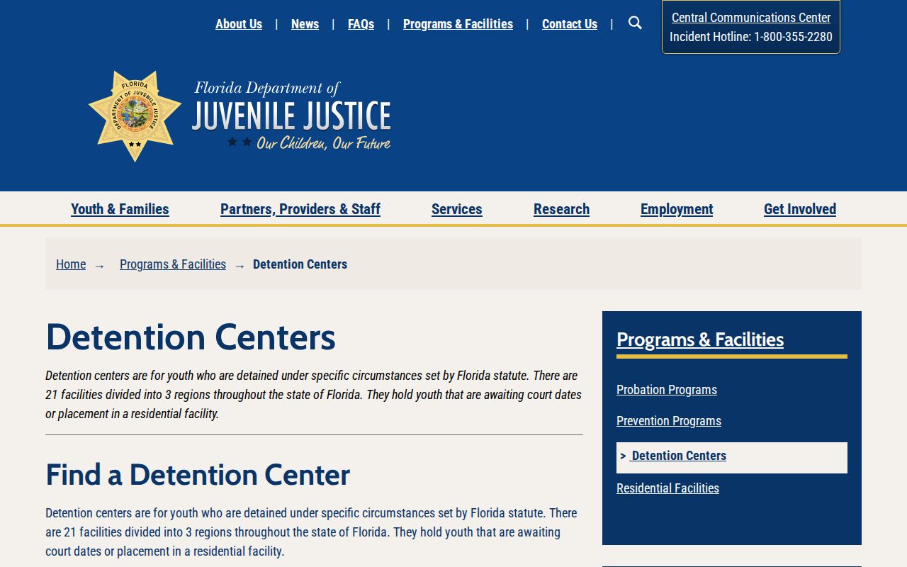 Florida DJJ directory showing Pasco Juvenile Detention Center release contact context
