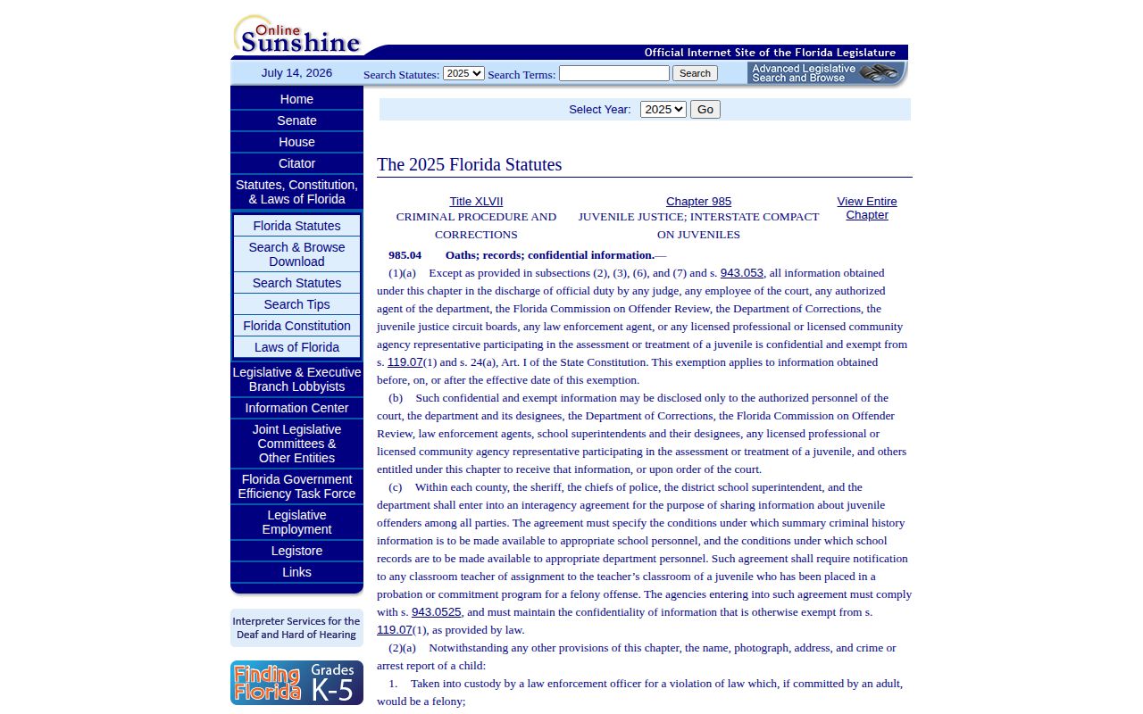 Florida juvenile confidentiality statute for Pasco youth release records