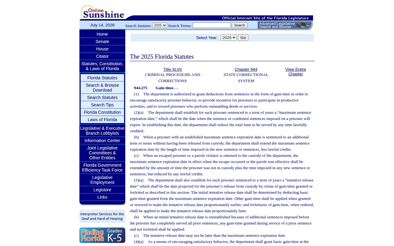 Pasco County projected release date Florida gain-time statute